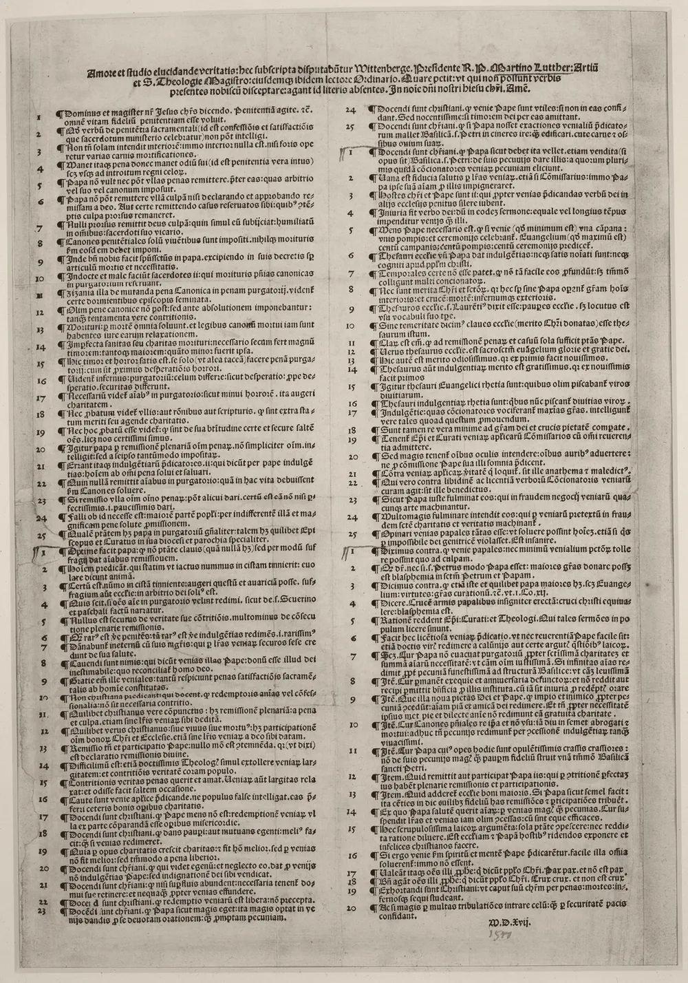 Печатный лист с девяносто пятью тезисами на латыни, 1517 год